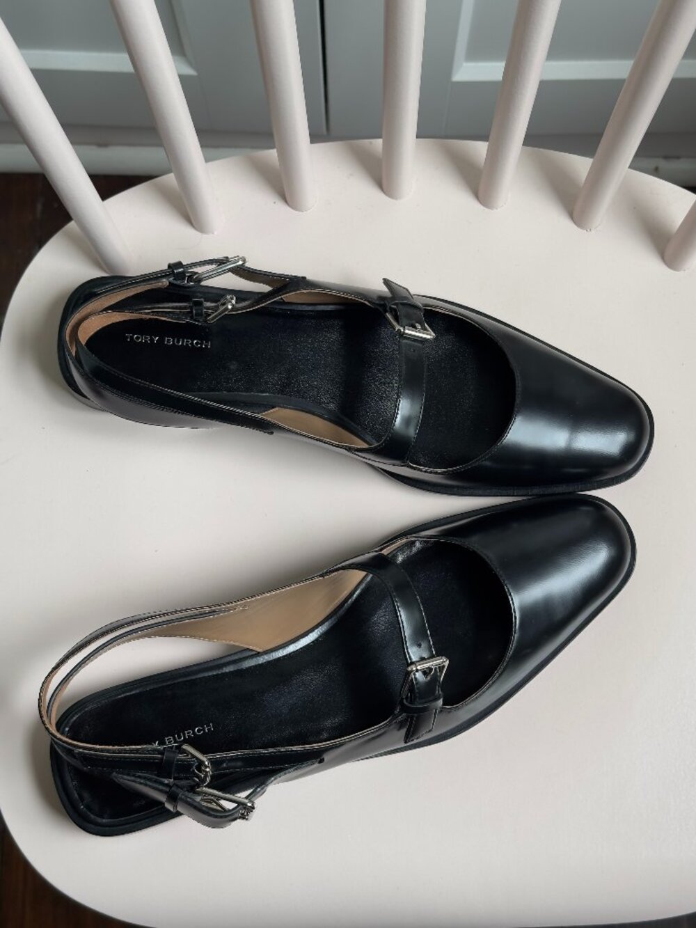 Tory Burch Black Leather Double Buckle Slingback Mary Jane Flats Size 10.5